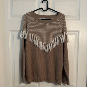 Mud Pie Tan and White Fringe Sweater